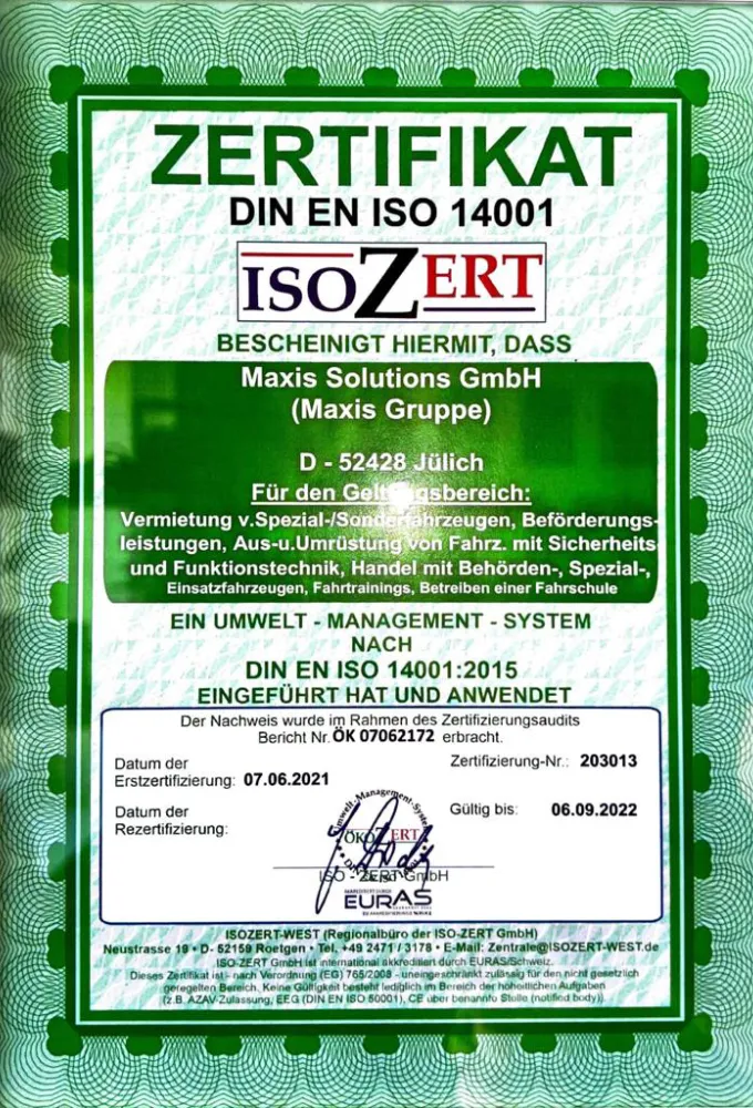 Maxis-Gruppe: Zertifizierung nach ISO 14001